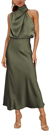 MIRGLER Vestido largo elegante y formal de satén con cuello alto y cintura alta para invitadas de boda, fiesta, cóctel