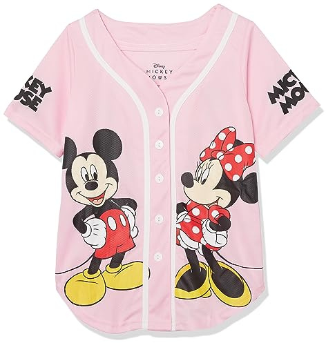 Disney Girls Mickey & Minnie Mouse Baseball Jersey Mesh Button Down Shirt Light Pink/White