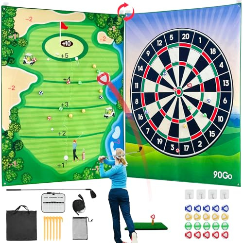 90Go Double-Sided Chipping & Dart Game Mat Set with Golf Club, 20 Sticky Balls, 6Ft x 5Ft Supersize Game Training Mat, Ideal Indoor & Outdoor Gifts for Adults, Family, and Kids Play