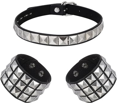 Manfnee Bracciale girocollo in pelle PU borchiato punk rock, con rivetti, Pelle sintetica Zinco, Nessuna pietra preziosa, Taglia unica