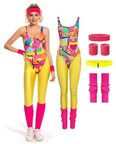 YANVS Costume da fitness anni '80 da donna, set da 6 pezzi, tuta colorata, abbigliamento vintage per aerobica, pantaloni da yoga, abbigliamento sportivo, Giallo, M