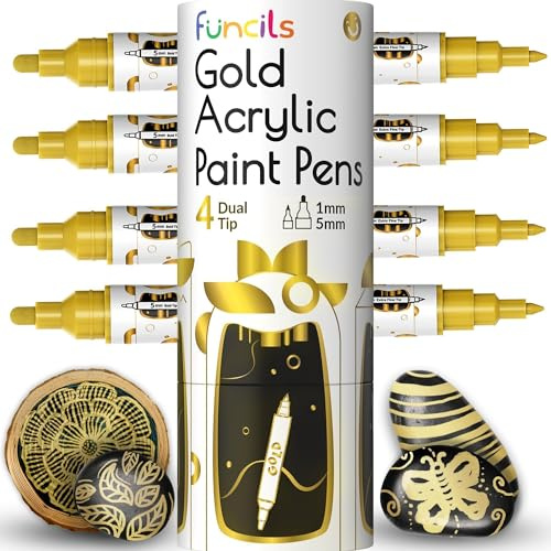 Funcils 4 Gold Paint Pen Metallic, Dual Tip Acrylic - Fine Tip & Medium
