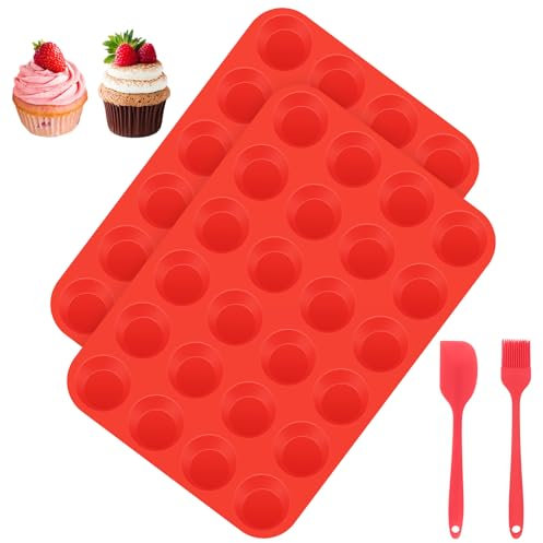 FIHODONE Muffin Backform, 2 Stück Muffinform Silikon 24 Cavity Mini Muffins Backform, Silikon Muffinförmchen Leicht zu Reinigen, Muffinblech Antihaftbeschichtet, spülmaschinenfest, Rot
