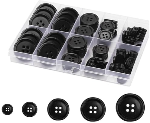 100Pcs Black Button Set, 10mm 12mm 15mm 20mm 25mm Mixed (Black Mixed-100Pack)