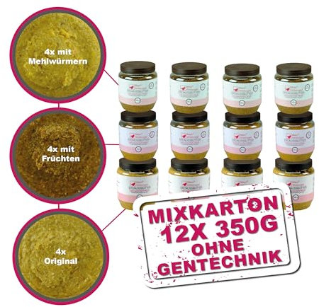 MeinWildvogel Erdnussbutter Mix-Karton 12x 350g, nährstoffreiches Fettfutter mit Sonnenblumenkerne für Wildvögel und Gartenvögel. Ganzjähriges Weichfutter für Ihre Vögel, ohne Gentechnik