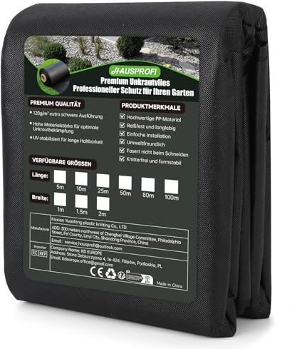 HAUSPROFI Premium Unkrautvlies 100g/m² - Hochdichte Unkrautfolie Wasserdurchlässig & Reißfest - UV-Stabil Gartenvlies aus Recycelbar PP - Umweltfreundlich & Knitterfrei, 5m x 1m