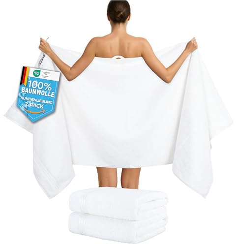 Hammetex Lot de 2 Très Grandes Serviettes de Bain et Sauna 80x200 cm, 100% Coton 500 GSM, Absorbantes, Séchage Rapide, Certifiées Oeko-TEX, Serviettes de Spa et de Sauna, Blanc