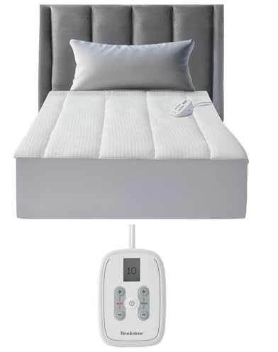 Brookstone Matelassé Knit Heated Mattress Pad – Full Size – 10 Heat Settings, Auto Shut-Off, Machine Washable, Soft Quilted Cover – White