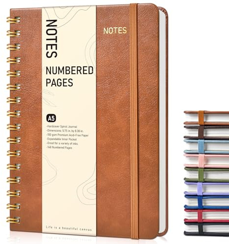 Lined Spiral Journal Notebook, A5 Hardcover Spiral Journals for Women Men, 150 Numbered Pages Spiral Bound Notebook, 100 GSM College Ruled Notebooks for Writing Note Taking 5.75 x 8.38, Brown