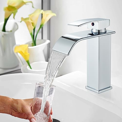 Hevenaov Grifo de baño cascada, grifo de lavabo cromo, latón monomando, grifo monomando para lavabo, ajustable en caliente y frío, grifo de baño, ahorro de agua