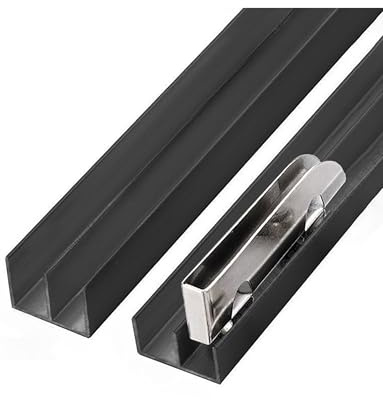 Kit de riel para puerta corredera de doble canal de 5 mm, aluminio negro para vitrinas, armarios y estanterías con sistema de rodamiento suave (120 cm)