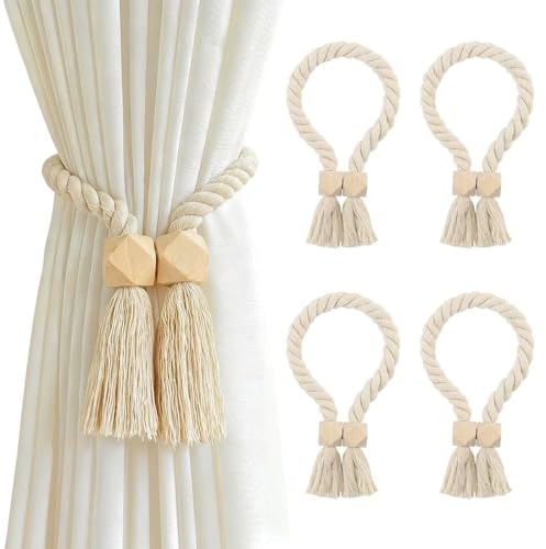 Xynovate 4 Paquets d'embrasses de Rideaux magnétiques, Embrasses de Rideaux en Corde de Coton, Accroche-Rideaux Style Bohème pour la Décoration Intérieure et Extérieure