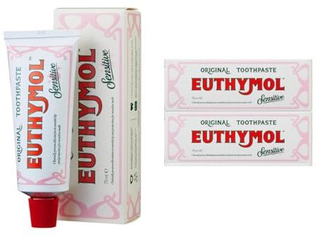 Euthymol känslig tandkräm 75 ml x 2, fluoridtandkräm för känsliga tänder, plackborttagning, hålskydd, antibakteriell, glutenfri, tymol och mentol, fräschar andan, mild tandvård