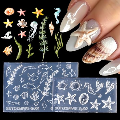 CharmeFleur 2 Piezas Moldes De Uñas De Silicona Océano Diseño De Encanto Para Uñas De Verano Playa Plantilla De Grabado 3D Resina Arte De Uñas Forma De Estrellas De Mar C