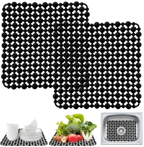 2 Pack Sink Protector Mat, 28x28 cm Cut to Size Mat for Ceramic Sink | Non-Slip Perforated Drainage, Soft Flexible Silicone, Easy Clean, Foldable Storage, Scratch Resistant