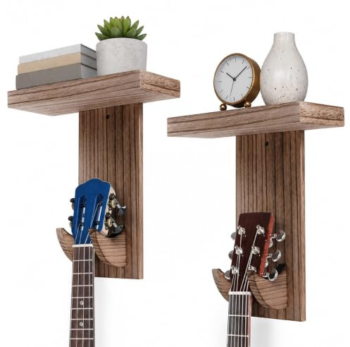 evergoods 2 Pack Guitar Wall Mount with Shelf, Wooden Guitar Hanger Wall Hook Holder, Multi-Instrument Wall Display Stand for Acoustic Guitar, Electric Guitar, Bass, Ukulele, Violin