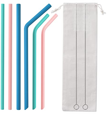 Qoosea Set mit 6 Silikon-Trinkhalmen, wiederverwendbaren Silikon-Strohhalmen BPA-frei extra lang mit Reinigungsbürsten