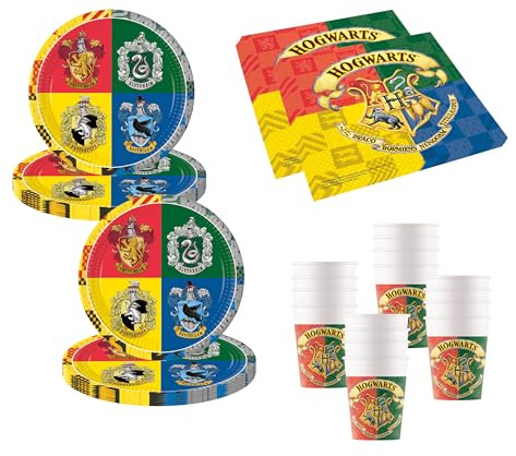 Procos Hogwarts 10137422 - Set da 52 pezzi, 16 piatti, 16 bicchieri, 20 tovaglioli, stoviglie usa e getta, stoviglie per feste, decorazione da tavolo