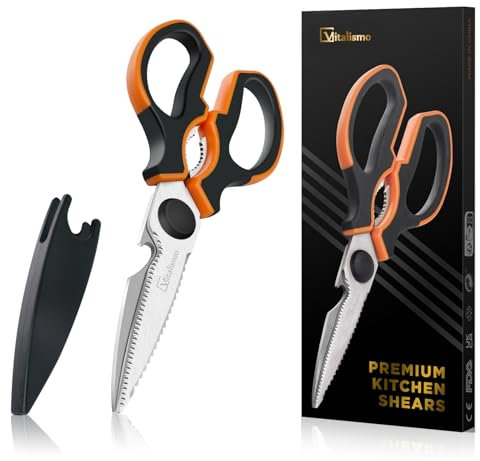 Vitalismo Forbici da Cucina Professionali Multiuso - Forbici Cucina Acciaio Inox Forti con Apribottiglie Lama Affilata Coprilama Manico Antiscivolo per Carne Pollo Pollame Pizza Griglia Osso Noci