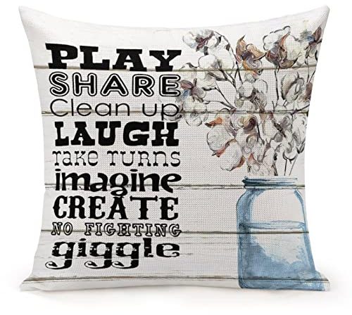 popeven Pillow Cover for Women Girl Farmhouse Cushion Cover 20x20 for Baby Boys Girls Kids Room,Play Share Clean Up Laugh Take Turns Wood Grain Glass Bottle Floral Pillow Cases Wedding Pillow Gifts