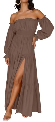 ZESICA Women's Boho Off Shoulder Spring Long Sleeve Dress 2026 High Waist Side Split Sexy Flowy A Line Long Maxi Dresses Coffee Small
