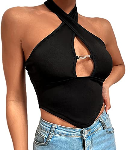 HSAJS Camiseta Tirantes Mujer Tank Top Camisola Verano Cuello Halter Cruzado sin Mangas Blusa Crop Top Ropa Deportiva Elegante Tops Casual Camisetas Deporte