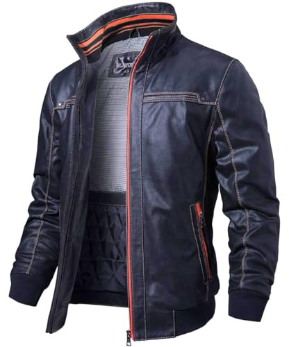 FLAVOR Chaqueta de Cuero Genuino para Hombre con Cuello Alto （Azul, L