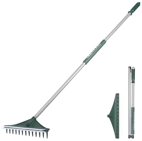 ORIENTOOLS Râteau à gazon artificiel 151 cm 2 en 1 avec poils de brosse améliorés, râteau à double usage avec poignée en acier pliable pour pelouse, moquette, ameublissement du sol, pelouse,
