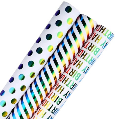 HUMOKI 3 Rollen Geschenkpapier, 43cm x 3 m Geschenkpapierrolle, Geburtstagspapier, Polka dots, Streifenmuster Geschenkpapier, für Geburtstag, Party, Hochzeit, Weihnachten, Dekorationen