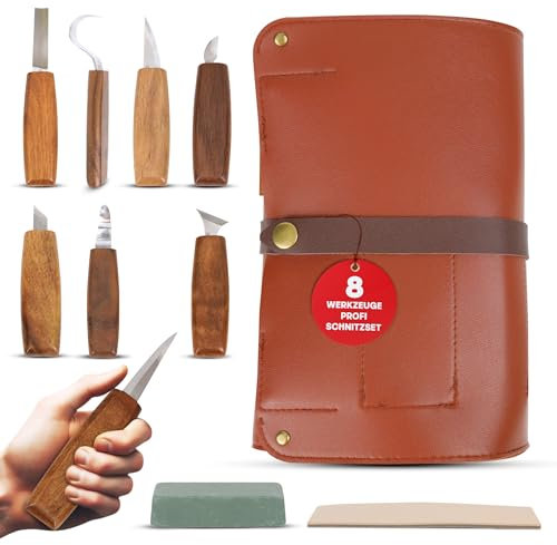 Eli® Hochwertiges Profi Schnitzwerkzeug Set inkl Tasche und Abziehleder - Walnussholzgriffe - rostfreier Stahl - Schnitzmesser - Schnitzset - Werkzeug - Perfekt für Erwachsene - Holzschnitzwerkzeug