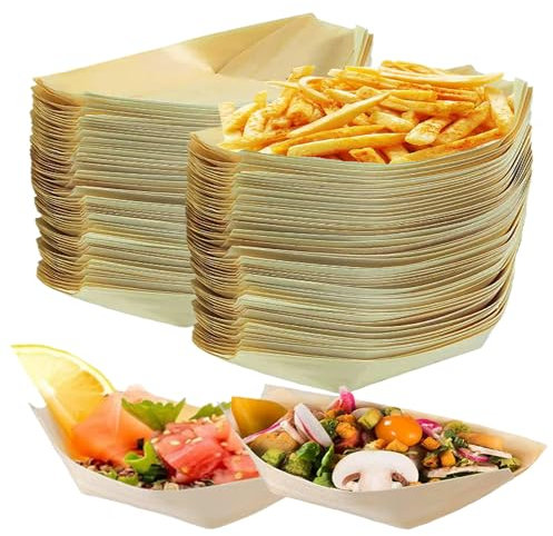 Cuencos Desechables, 100 Pedazos Platos Desechable, 17x8 cm Bandejas Desechables, Biodegradable Platos Desechables, Platos Madera Adecuado para Patatas fritas Pollo frito Ensaladas Pasteles Dulces