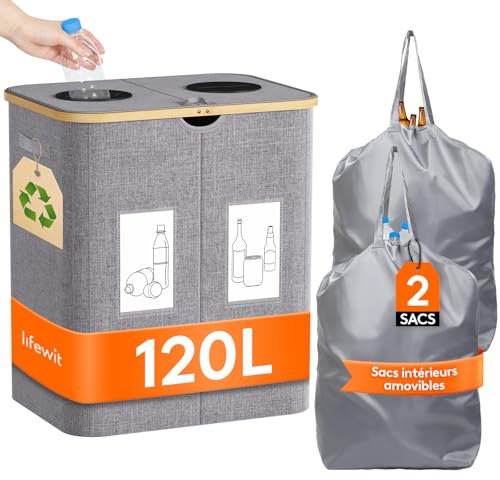 Lifewit Collecteur de Bouteilles avec Couvercle 2 Compartiment 120L, Poubelle Tri Selectif pour Plastique, Bouteilles Verre, Poubelle Exterieur de Recyclage avec Trou, Cuisine Rangement,Gris Clair