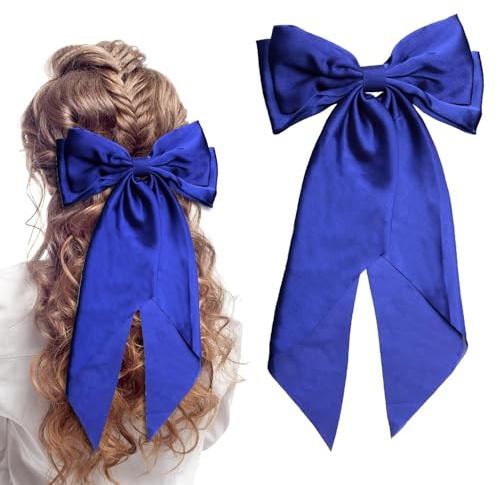 LECTNORE Royal Blue Hair Bow - Large Bowknot Hair Clip for Women, Satin Silky Ribbons with Long Tail, French Barrette Hair Accessory for Girls Ponytail Holder