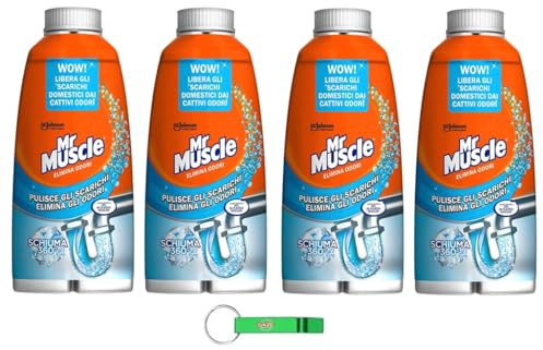 4 x Mr Muscle Schiuma, eliminano l'odore della schiuma per tubi e scarichi, elimina l'intasamento nei lavandini e negli scarichi, sicuro per tubi da 500 ml + portachiavi Beni Culinari gratuito
