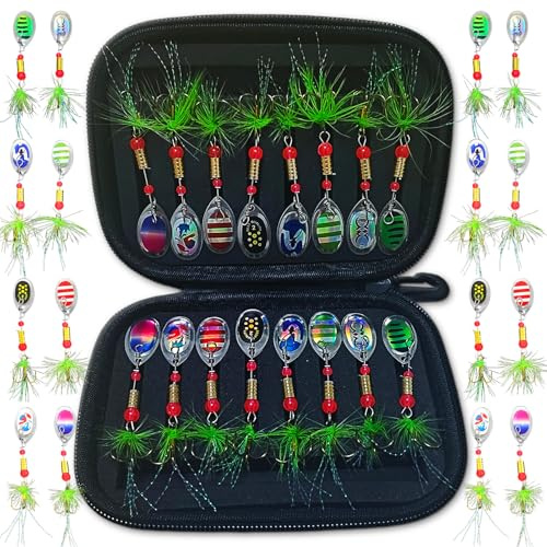 Lot de 16 leurres de pêche à la truite, cuillères, cuillères, accessoires de pêche, appâts de pêche, clignotants, truites, avec boîte de rangement, pêche à la truite, pour brochet, sandre, perche