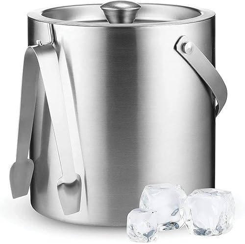 Högkvalitativ Is I Rostfritt Stål Med Lock Och Tång - 3 Liters Premium Dubbelväggig Metallis Med Sil - Enkelt Bärhandtag - Bar Ice För Isbitar Öl, A, 19X17CM