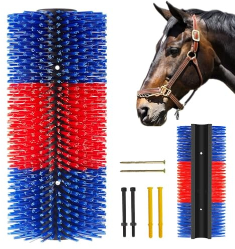 Klösborste hästar för boskap koborste nötkreatur hästborste maneborste rotborste för hästvård massageborste för husdjur kor får grisar (blå röd, 40 cm)