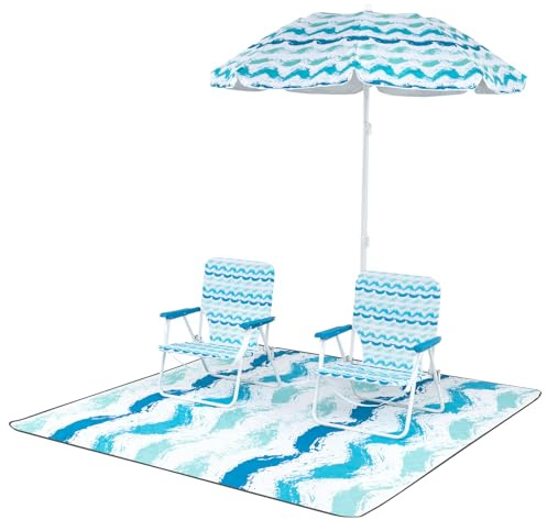 RELAX4LIFE Set di 2 Sedie per Spiaggia con Ombrellone e Coperta da Picnic, Sedie Pieghevoli, Ombrellone Parasole Portatile, Inclinazione Regolabile, Set da Spiaggia per Esterni (Blu)