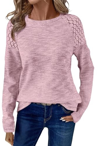 Women Blouses Dressy Casual Trendy Long Sleeve Shirts Lace Checked Fall Tops Trendy Waffle Knit Loose Fit Fashion Clothing 2025 Pink