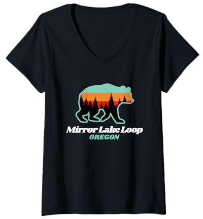 Donna Lake Mirror Loop, Souvenir Estivo della Famiglia degli orsi Maglietta con Collo a V