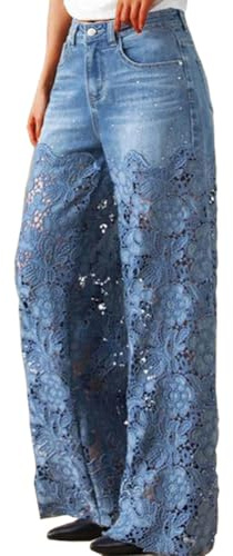 XUSAI Bleu,XL,Jean Large Taille Haute pour Femme, Pantalon Tendance en Denim Patchwork de Dentelle ajourée