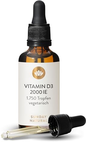 SUNDAY NATURAL® Vitamin D3 Tropfen Hochdosiert – 2000 IE Sunferol® D3 pro Tropfen – Premium Vitamin D hochdosiert in MCT-Kokosöl gelöst, Langzeitvorrat (50 ml), laborgeprüft