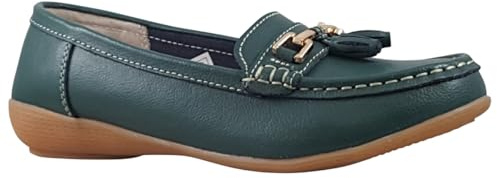 Jo & Joe Women Leather Flat Loafer Ladies Casual Comfy Slider Low Wedge Heel Work Shoes Hunters Green Wide Fit Size 4