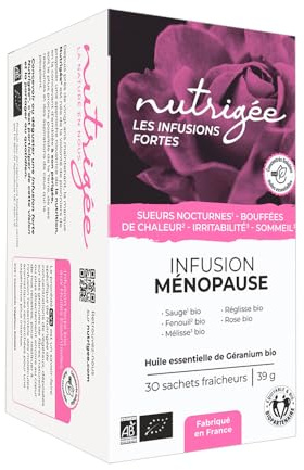 infusion ménopause bio nutrigée – soulage bouffées de chaleur, sueurs nocturnes, nervosité – sauge, fenouil, mélisse, réglisse & rose – apaisement & sommeil – 30 sachets fabriquée en france