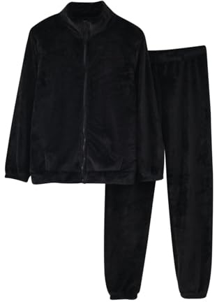 Pigiama da donna in pile a maniche lunghe, con top e pantaloni a mezza zip, morbido e peloso, in peluche, super morbido, a quadri, abbigliamento da casa, regalo per lei, Nero , XL