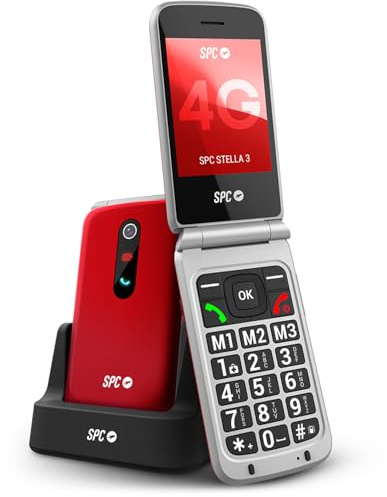 SPC Stella 3 - Telefono Cellulare Flip per anziani 4G | Menu e tasti grandi | Pulsante SOS, configurazione remota, compatibilità HAC e volume 103 dB | Base di ricarica e 3 memorie dirette - Rosso