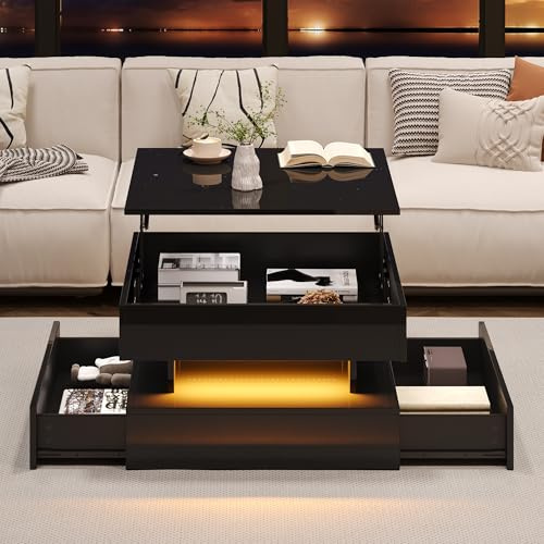 CelticHearth Mesa baja regulable con iluminación LED, 65 x 65 x 38,5 cm, color negro brillante, 2 cajones, espacio de almacenamiento oculto, tablero de partículas