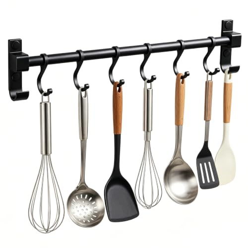 RANJIMA Crochet de cuisine 40 cm, barre en aluminium pour ustensiles de cuisine, barre pour ustensiles de cuisine avec 6 crochets mobiles, barre de cuisine multifonctionnelle pour spatule, planche à