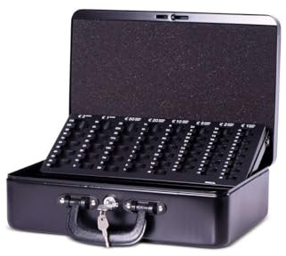 MAUL Geldkassette mit Münzzählbrett aus Stahl | 36 x 26,5 x 11,2 cm | Geldkassette abschließbar | Entnehmbares Scheinfach | Tragbare Kasse mit 2 Schlüsseln | Ideal als Registrierkasse | Schwarz