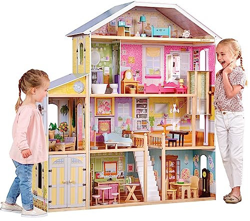 KidKraft Casa de muñecas de Madera Majestic Mansion para muñecas de 30 cm con Muebles y Accesorios, Casita de Juguete con Gato, Ascensor y Garaje, 4 Niveles de Juego (65252) Exclusivo en Amazon
